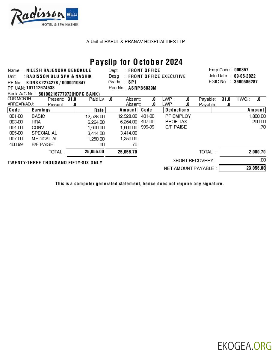 Modèle de fiche de paie Radisson Blu Hotel & Spa aux formats Word et PDF.pdf, 1
